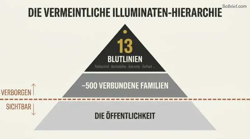Three-tiered pyramid with a dashed visibility line separating thirteen hidden ruling bloodline families and five hundred allied families above from the public below.