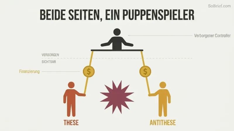 Two opposing puppet silhouettes connected by gold money-strings to a single controlling figure above a hidden-visible divider, revealing one funder behind both sides of a conflict.