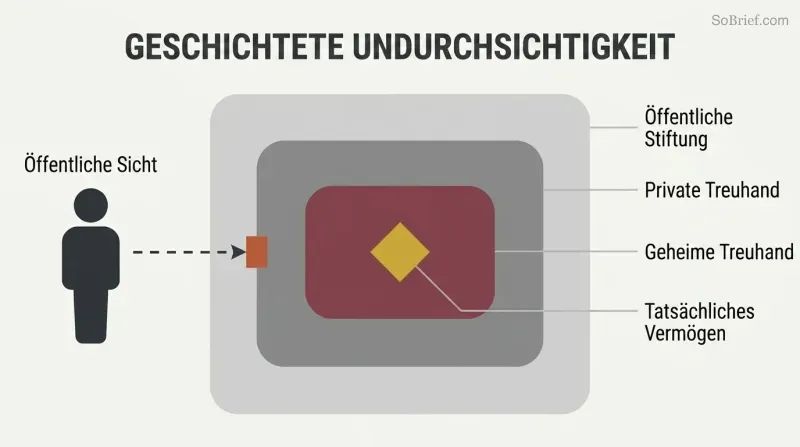 Concentric nested rectangles representing trusts within trusts, progressing from a visible outer layer to a hidden gold core of dynastic wealth.