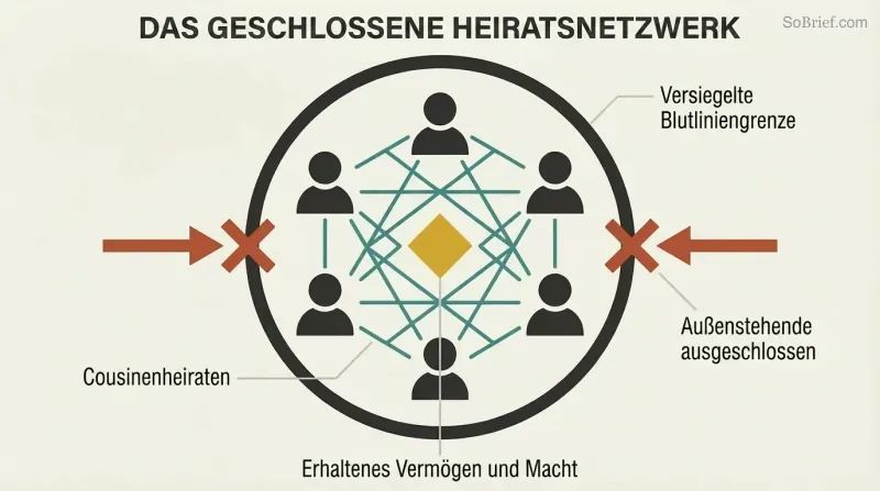Sealed circular boundary containing six interconnected human figures in a dense lattice pattern around a central gold power symbol, with outside arrows blocked at the perimeter.