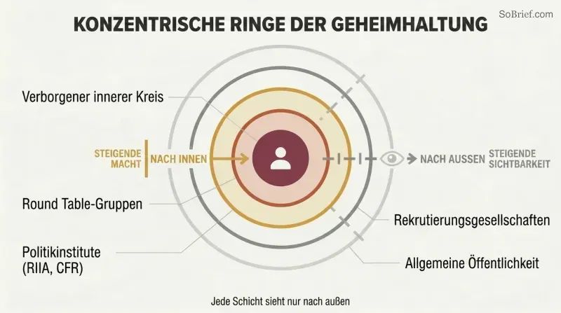 Concentric rings showing how layered secret organizations shield an inner circle of hidden power from public visibility, with each ring knowing only the layer outside it.