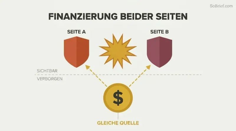 Two opposing shields clash above a dashed dividing line while gold lines below reveal both are secretly funded by a single gold coin at center.