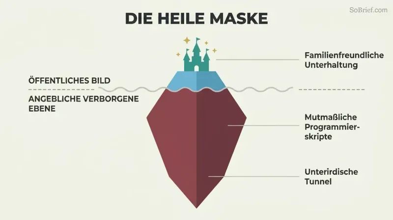 Iceberg diagram with a small bright fairy-tale castle above a waterline and a much larger dark mass below, showing alleged dual public and hidden purposes.