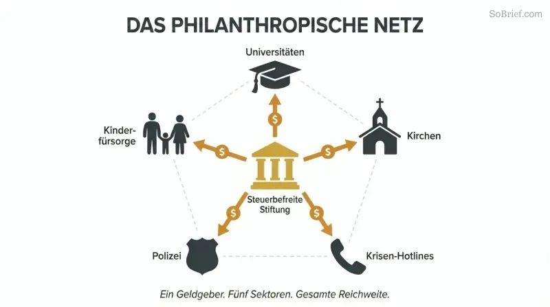 A central gold foundation symbol connected by funding lines to five surrounding institutions — universities, churches, crisis hotlines, police, and child welfare — revealing one source behind all.