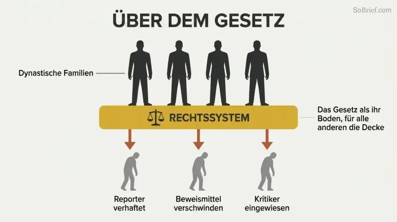 Family silhouettes standing atop a gold legal system bar, with downward arrows pressing onto smaller citizen figures below.