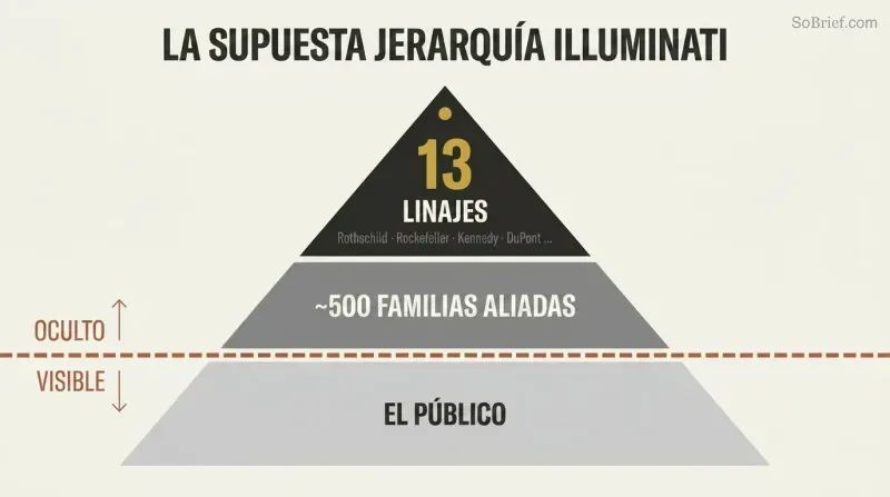 Three-tiered pyramid with a dashed visibility line separating thirteen hidden ruling bloodline families and five hundred allied families above from the public below.