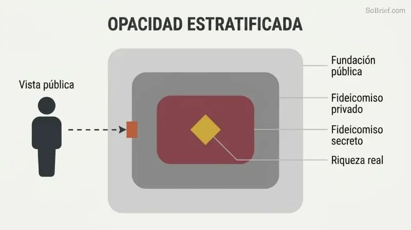 Concentric nested rectangles representing trusts within trusts, progressing from a visible outer layer to a hidden gold core of dynastic wealth.