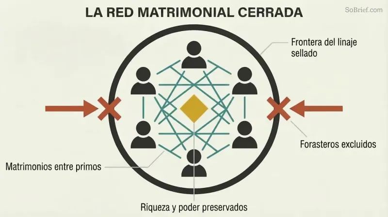 Sealed circular boundary containing six interconnected human figures in a dense lattice pattern around a central gold power symbol, with outside arrows blocked at the perimeter.