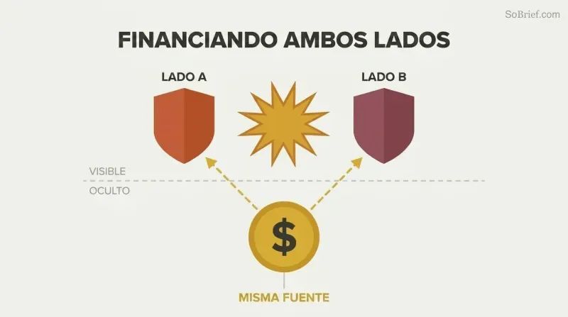 Two opposing shields clash above a dashed dividing line while gold lines below reveal both are secretly funded by a single gold coin at center.