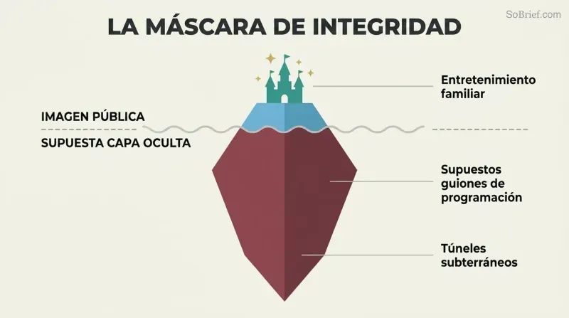 Iceberg diagram with a small bright fairy-tale castle above a waterline and a much larger dark mass below, showing alleged dual public and hidden purposes.