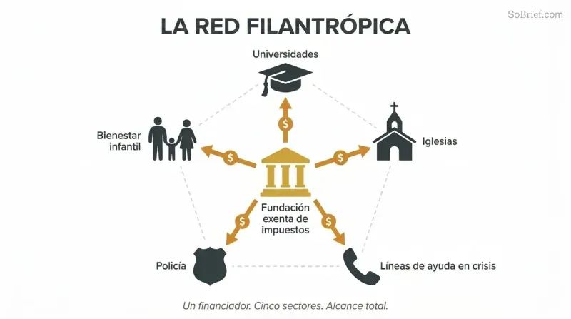 A central gold foundation symbol connected by funding lines to five surrounding institutions — universities, churches, crisis hotlines, police, and child welfare — revealing one source behind all.