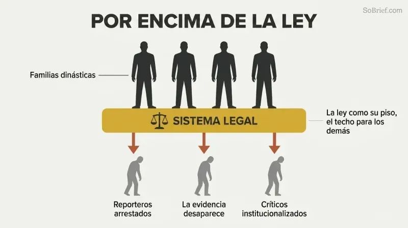 Family silhouettes standing atop a gold legal system bar, with downward arrows pressing onto smaller citizen figures below.