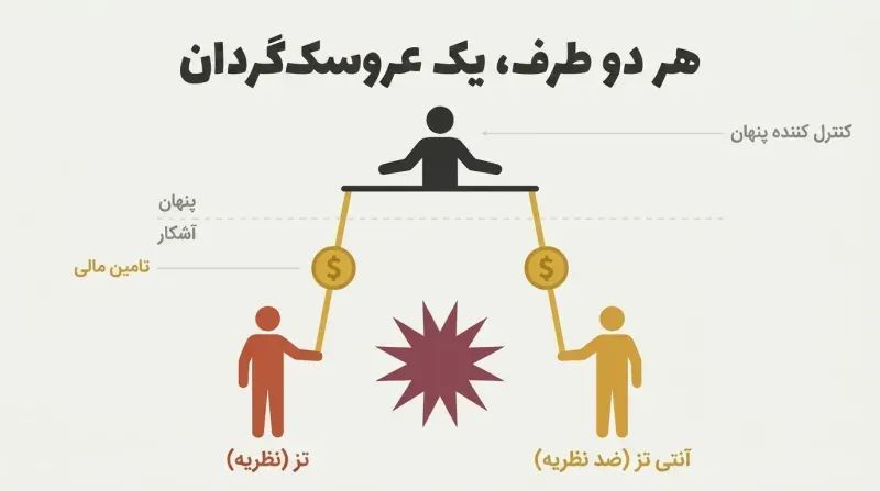 Two opposing puppet silhouettes connected by gold money-strings to a single controlling figure above a hidden-visible divider, revealing one funder behind both sides of a conflict.