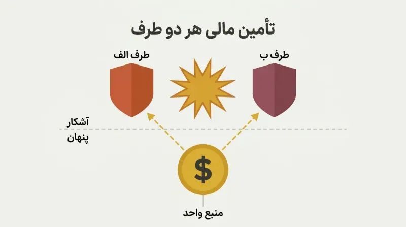 Two opposing shields clash above a dashed dividing line while gold lines below reveal both are secretly funded by a single gold coin at center.
