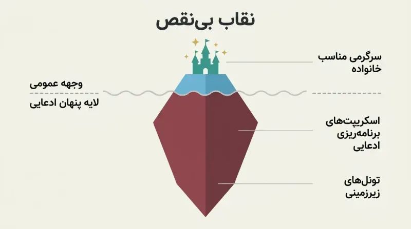 Iceberg diagram with a small bright fairy-tale castle above a waterline and a much larger dark mass below, showing alleged dual public and hidden purposes.