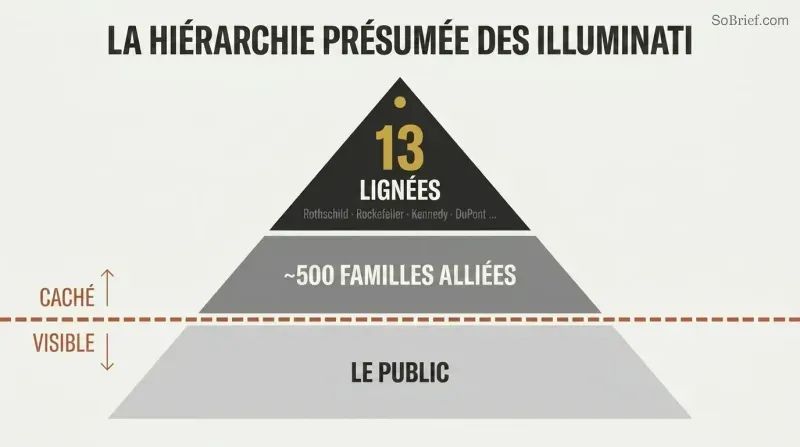 Three-tiered pyramid with a dashed visibility line separating thirteen hidden ruling bloodline families and five hundred allied families above from the public below.