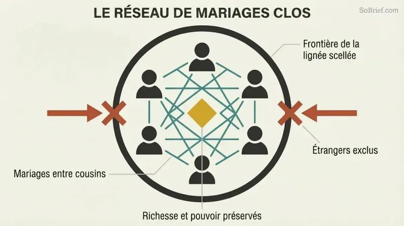 Sealed circular boundary containing six interconnected human figures in a dense lattice pattern around a central gold power symbol, with outside arrows blocked at the perimeter.