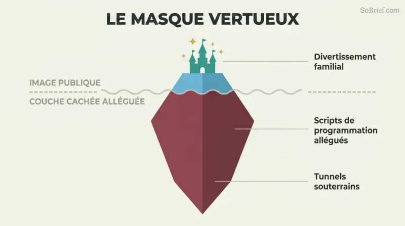 Iceberg diagram with a small bright fairy-tale castle above a waterline and a much larger dark mass below, showing alleged dual public and hidden purposes.