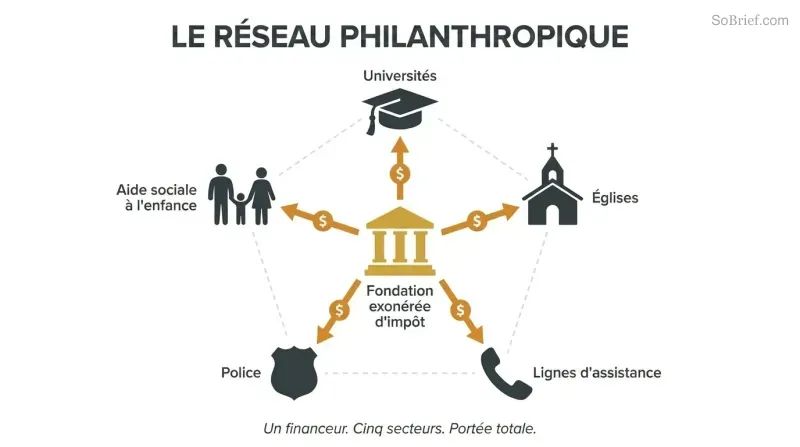 A central gold foundation symbol connected by funding lines to five surrounding institutions — universities, churches, crisis hotlines, police, and child welfare — revealing one source behind all.