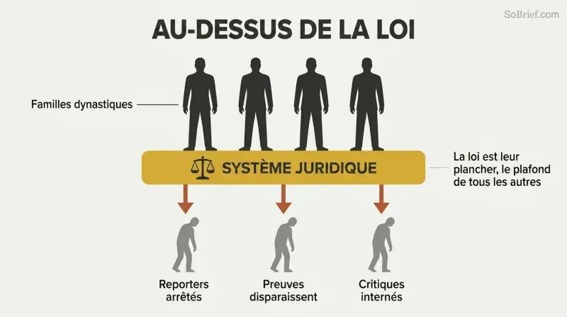 Family silhouettes standing atop a gold legal system bar, with downward arrows pressing onto smaller citizen figures below.