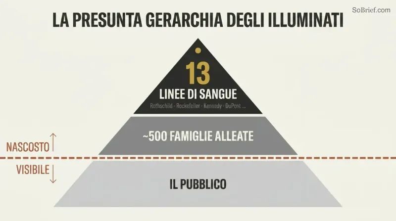 Three-tiered pyramid with a dashed visibility line separating thirteen hidden ruling bloodline families and five hundred allied families above from the public below.