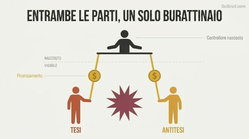 Two opposing puppet silhouettes connected by gold money-strings to a single controlling figure above a hidden-visible divider, revealing one funder behind both sides of a conflict.