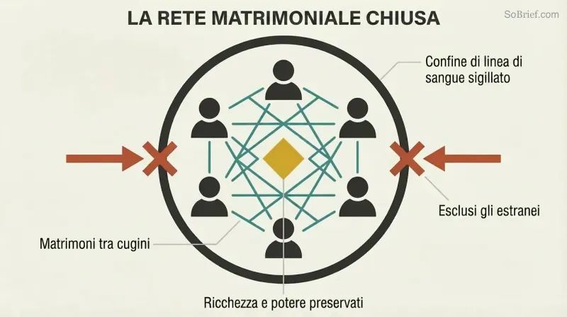 Sealed circular boundary containing six interconnected human figures in a dense lattice pattern around a central gold power symbol, with outside arrows blocked at the perimeter.