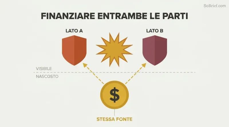 Two opposing shields clash above a dashed dividing line while gold lines below reveal both are secretly funded by a single gold coin at center.