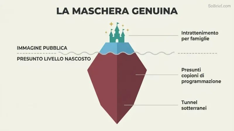 Iceberg diagram with a small bright fairy-tale castle above a waterline and a much larger dark mass below, showing alleged dual public and hidden purposes.