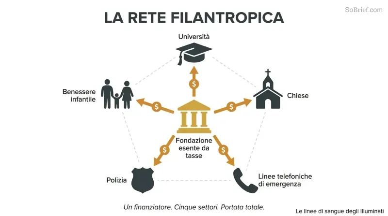 A central gold foundation symbol connected by funding lines to five surrounding institutions — universities, churches, crisis hotlines, police, and child welfare — revealing one source behind all.