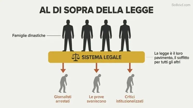 Family silhouettes standing atop a gold legal system bar, with downward arrows pressing onto smaller citizen figures below.