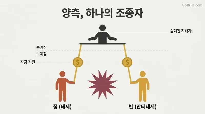 Two opposing puppet silhouettes connected by gold money-strings to a single controlling figure above a hidden-visible divider, revealing one funder behind both sides of a conflict.