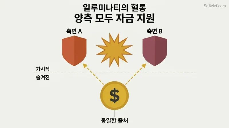 Two opposing shields clash above a dashed dividing line while gold lines below reveal both are secretly funded by a single gold coin at center.