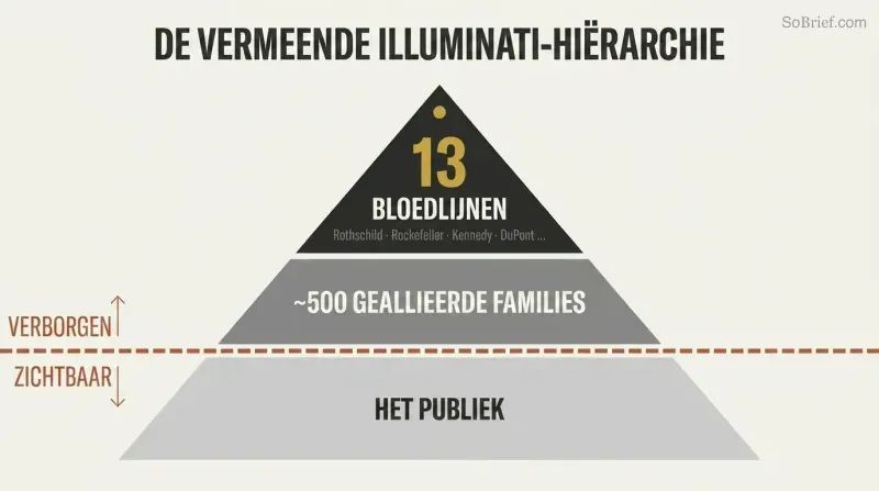 Three-tiered pyramid with a dashed visibility line separating thirteen hidden ruling bloodline families and five hundred allied families above from the public below.