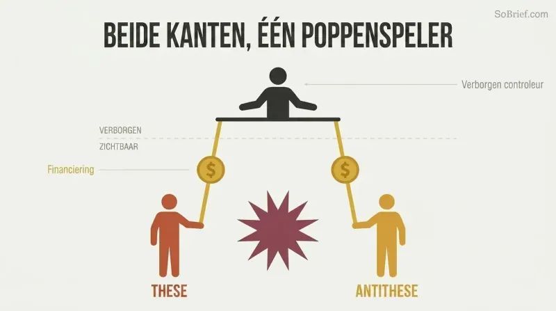 Two opposing puppet silhouettes connected by gold money-strings to a single controlling figure above a hidden-visible divider, revealing one funder behind both sides of a conflict.