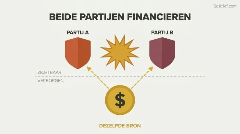 Two opposing shields clash above a dashed dividing line while gold lines below reveal both are secretly funded by a single gold coin at center.