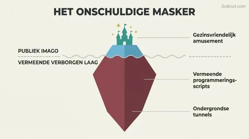 Iceberg diagram with a small bright fairy-tale castle above a waterline and a much larger dark mass below, showing alleged dual public and hidden purposes.