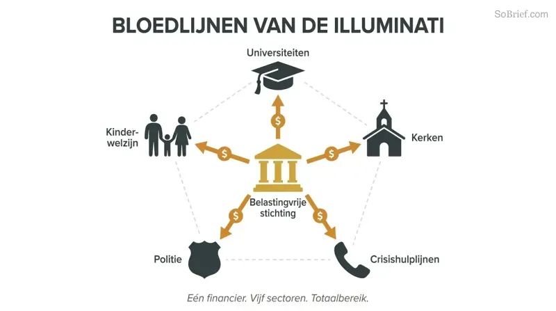 A central gold foundation symbol connected by funding lines to five surrounding institutions — universities, churches, crisis hotlines, police, and child welfare — revealing one source behind all.