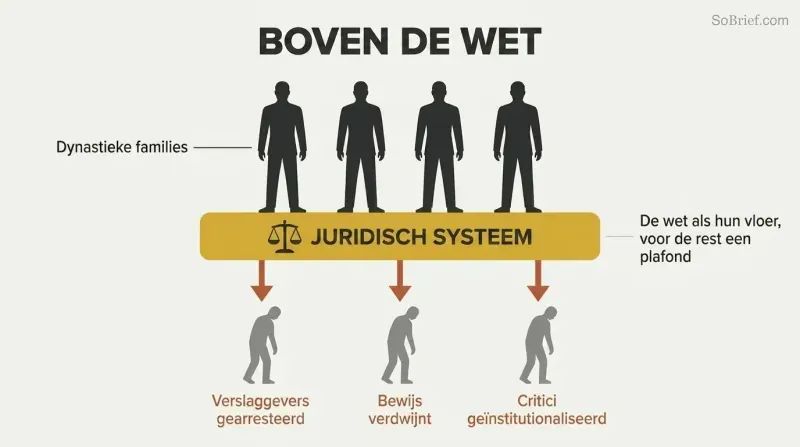 Family silhouettes standing atop a gold legal system bar, with downward arrows pressing onto smaller citizen figures below.