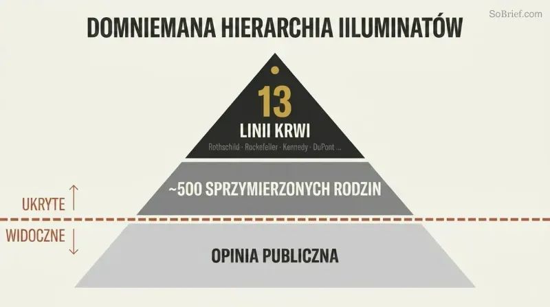 Three-tiered pyramid with a dashed visibility line separating thirteen hidden ruling bloodline families and five hundred allied families above from the public below.