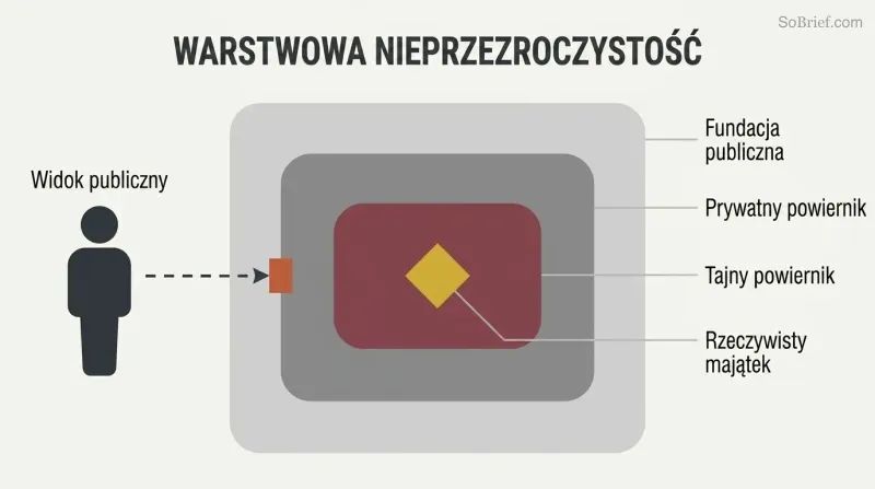 Concentric nested rectangles representing trusts within trusts, progressing from a visible outer layer to a hidden gold core of dynastic wealth.