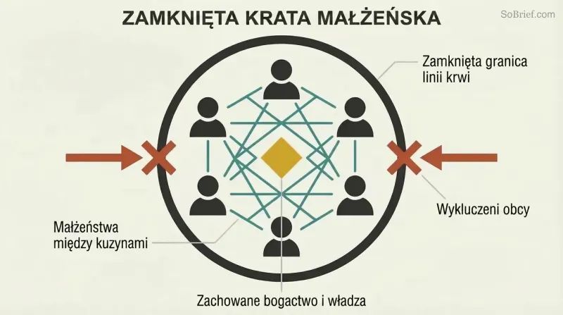 Sealed circular boundary containing six interconnected human figures in a dense lattice pattern around a central gold power symbol, with outside arrows blocked at the perimeter.