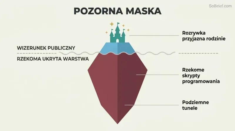 Iceberg diagram with a small bright fairy-tale castle above a waterline and a much larger dark mass below, showing alleged dual public and hidden purposes.