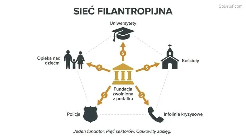 A central gold foundation symbol connected by funding lines to five surrounding institutions — universities, churches, crisis hotlines, police, and child welfare — revealing one source behind all.