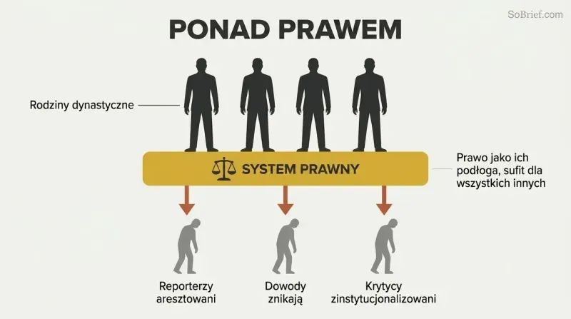 Family silhouettes standing atop a gold legal system bar, with downward arrows pressing onto smaller citizen figures below.