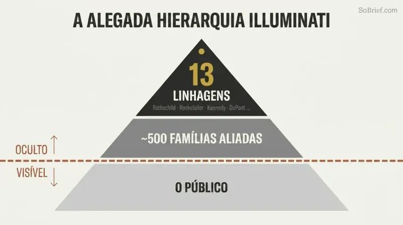 Three-tiered pyramid with a dashed visibility line separating thirteen hidden ruling bloodline families and five hundred allied families above from the public below.