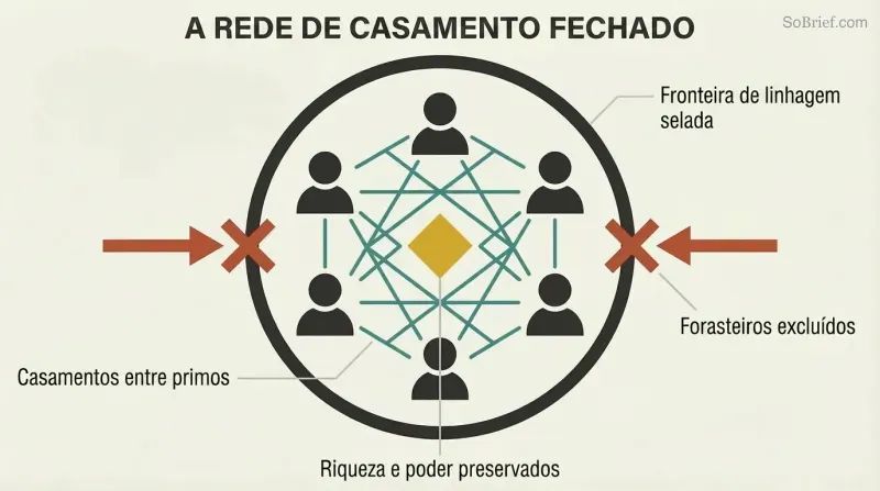 Sealed circular boundary containing six interconnected human figures in a dense lattice pattern around a central gold power symbol, with outside arrows blocked at the perimeter.