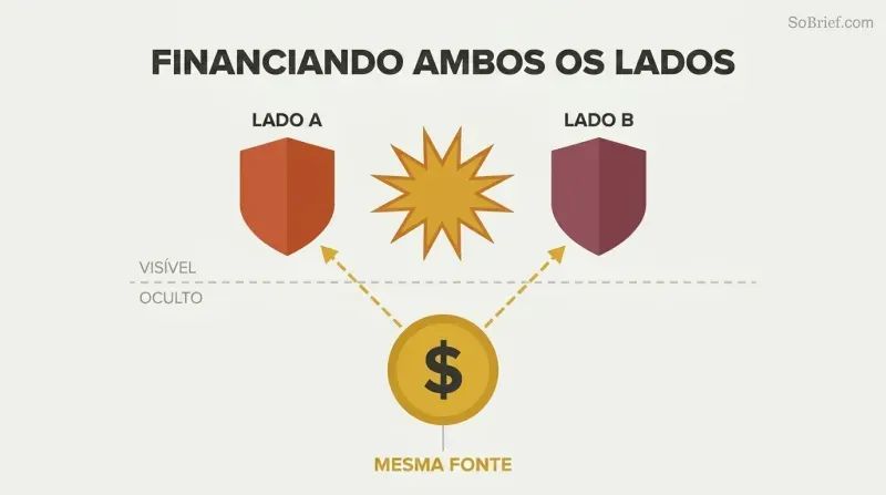 Two opposing shields clash above a dashed dividing line while gold lines below reveal both are secretly funded by a single gold coin at center.
