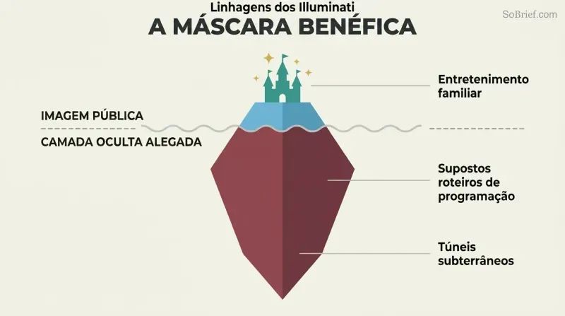 Iceberg diagram with a small bright fairy-tale castle above a waterline and a much larger dark mass below, showing alleged dual public and hidden purposes.