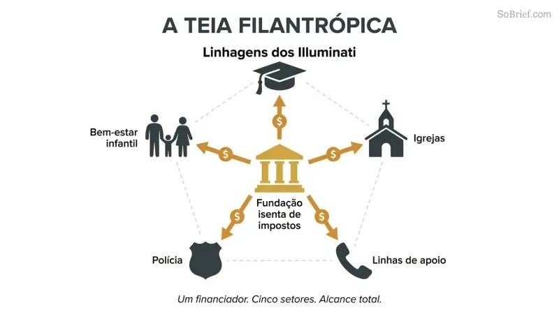 A central gold foundation symbol connected by funding lines to five surrounding institutions — universities, churches, crisis hotlines, police, and child welfare — revealing one source behind all.